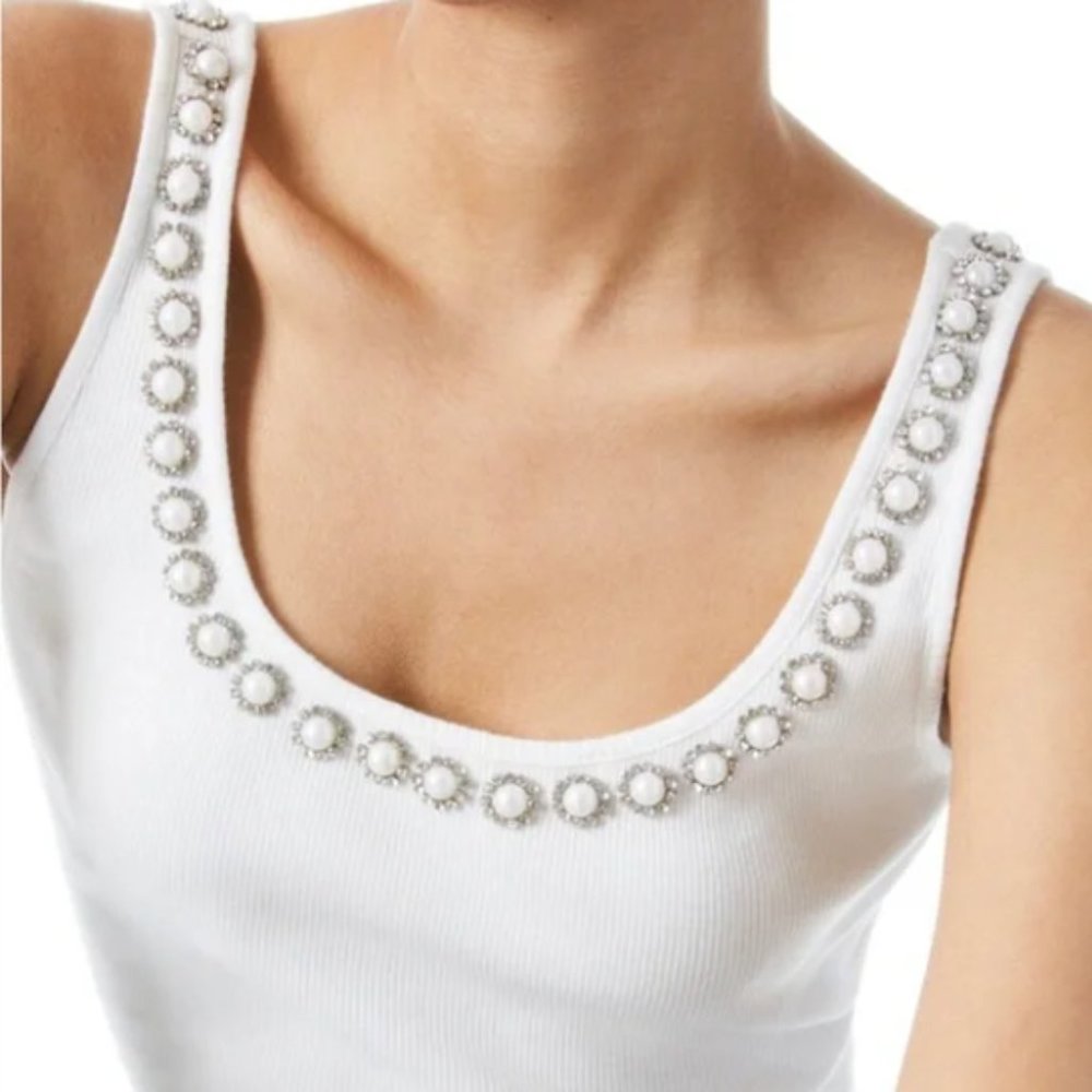 Alice + Olivia Ribbed Pearl/Stone Embellished Ribbed Tank Top in White, Size M